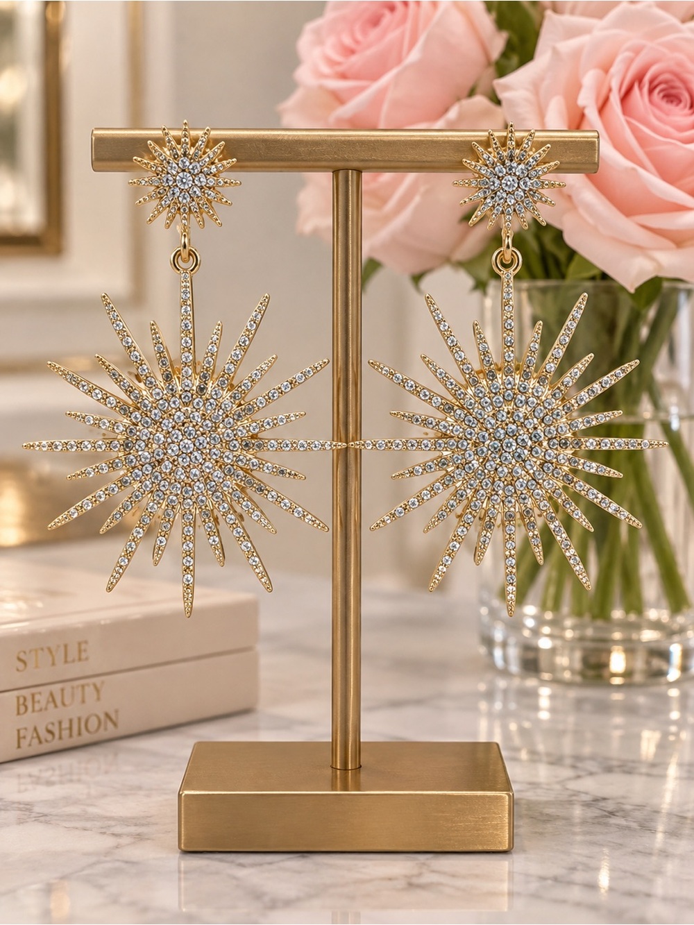 Gold Starburst Crystal Drop Earrings - Elegant Home Accents Display